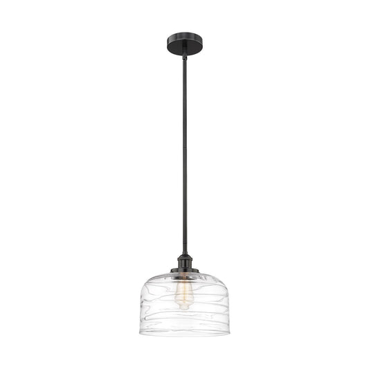 Innovations Bell 12in 1-Light Mini Pendant | Industrial Matte Black Steel and Clear Deco Swirl Glass | Kitchen Island & | Model 616-1SH-BK-G713-L-LED