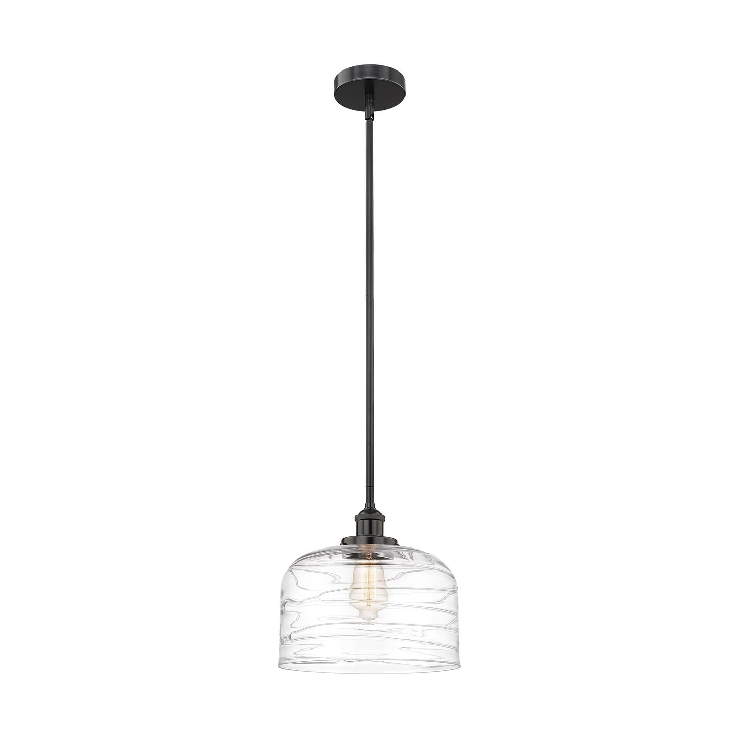 Innovations Bell 12in 1-Light Mini Pendant | Industrial Matte Black Steel and Clear Deco Swirl Glass | Kitchen Island & | Model 616-1SH-BK-G713-L-LED