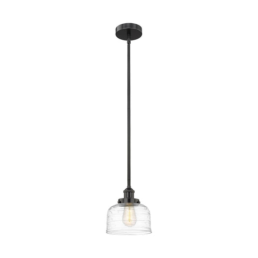 Innovations Bell 8in 1-Light Mini Pendant | Industrial Farmhouse Matte Black Steel and Clear Deco Swirl Glass | Kitchen Island | Model 616-1SH-BK-G713-LED