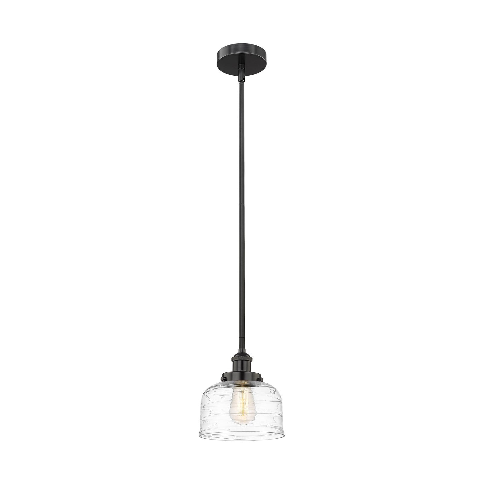 Innovations Bell 8in 1-Light Mini Pendant | Industrial Farmhouse Matte Black Steel and Clear Deco Swirl Glass | Kitchen Island | Model 616-1SH-BK-G713-LED