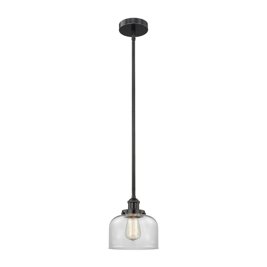 Innovations Bell 8in 1-Light Mini Pendant | Industrial Matte Black Steel and Clear Glass | Kitchen Island & Dining Room | 17-41 | Model 616-1SH-BK-G72-LED