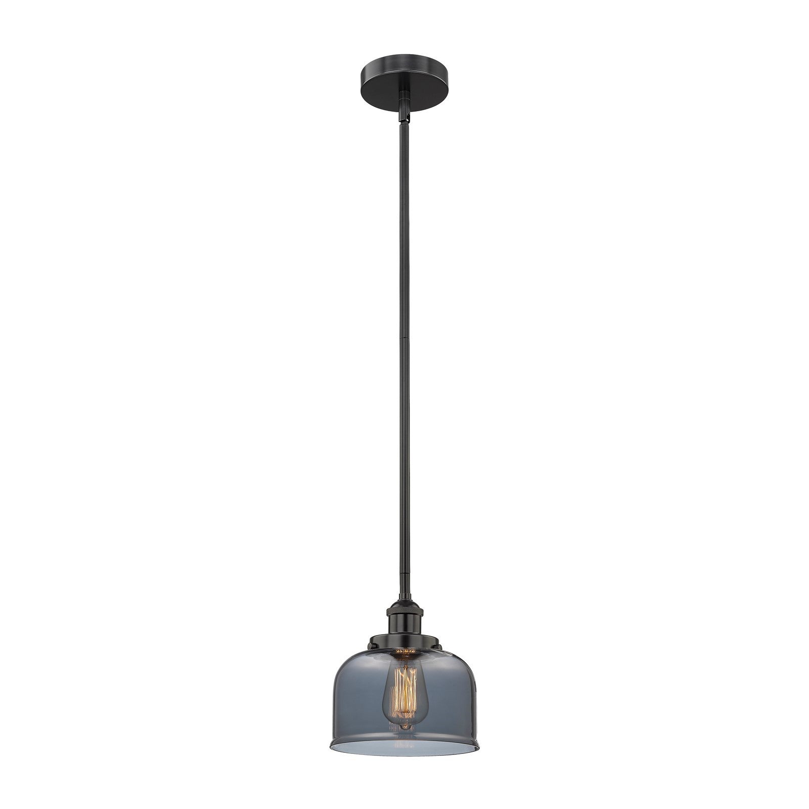 Innovations Bell 8in 1-Light Mini Pendant | Industrial Matte Black Steel and Light Smoke Glass | Kitchen Island & Dining Room | Model 616-1SH-BK-G73
