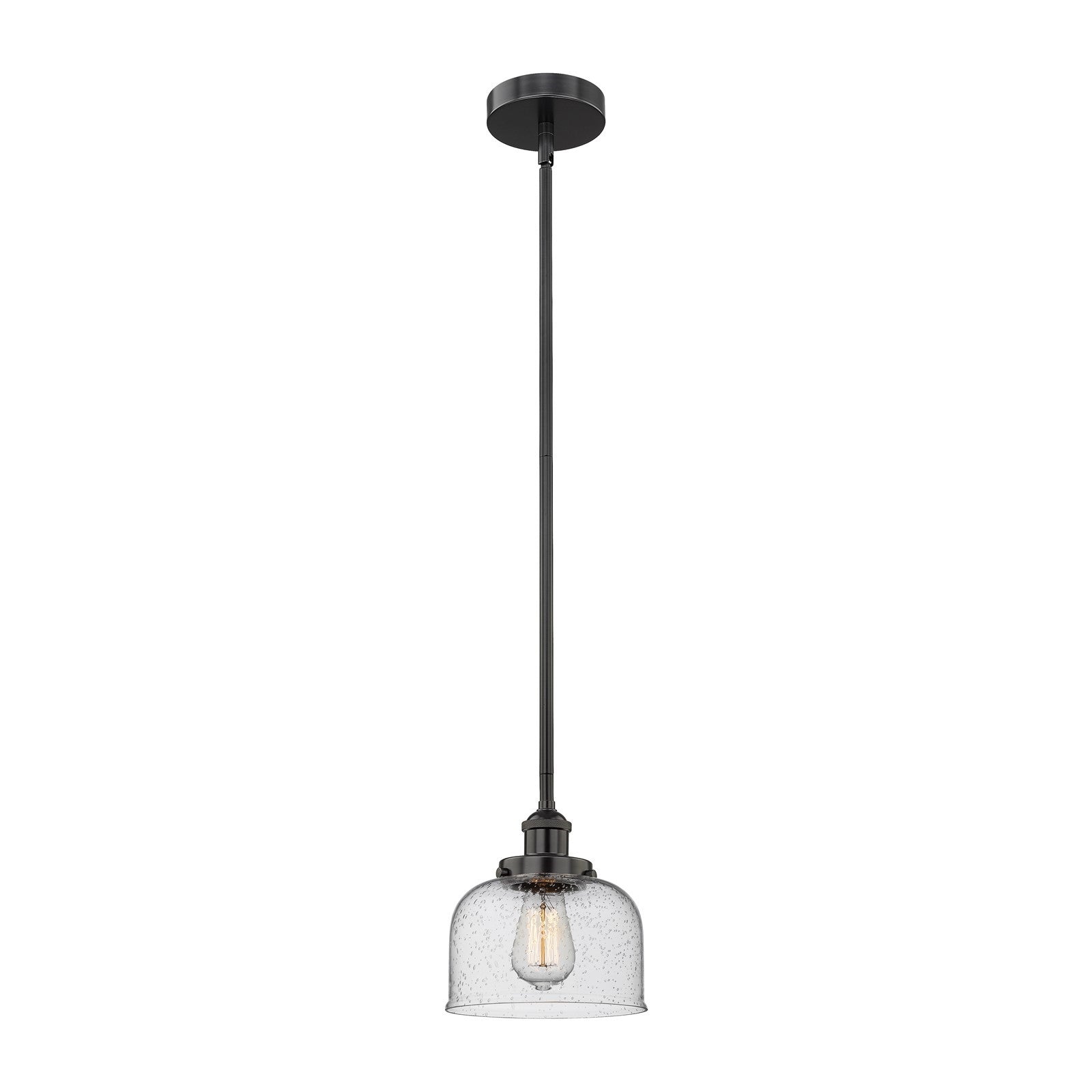 Innovations Bell 8in 1-Light Mini Pendant | Industrial Matte Black Steel and Seedy Glass | Kitchen Island & Dining Room | 7.75 x | Model 616-1SH-BK-G74