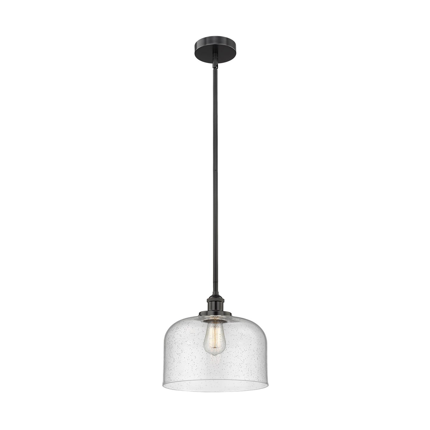 Innovations Bell 12in 1-Light Mini Pendant | Industrial Farmhouse Matte Black Steel and Seedy Glass | Kitchen Island & Dining | Model 616-1SH-BK-G74-L