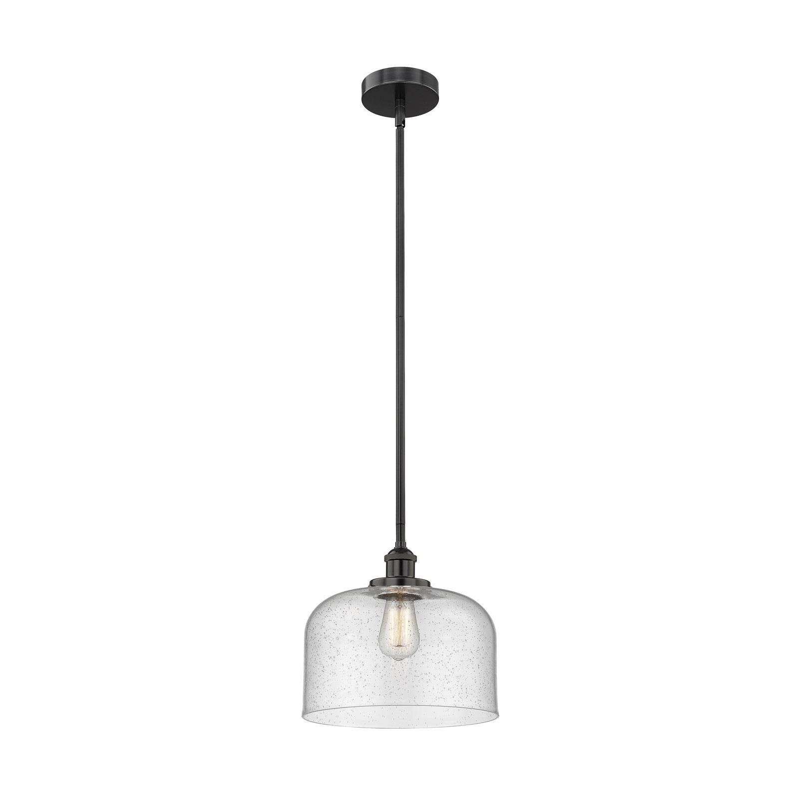 Innovations Bell 12in 1-Light Mini Pendant | Industrial Farmhouse Matte Black Steel and Seedy Glass | Kitchen Island & Dining | Model 616-1SH-BK-G74-L