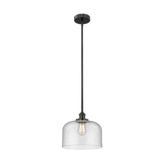 Innovations Bell 12in 1-Light Mini Pendant | Industrial Farmhouse Matte Black Steel and Seedy Glass | Kitchen Island & Dining | Model 616-1SH-BK-G74-L