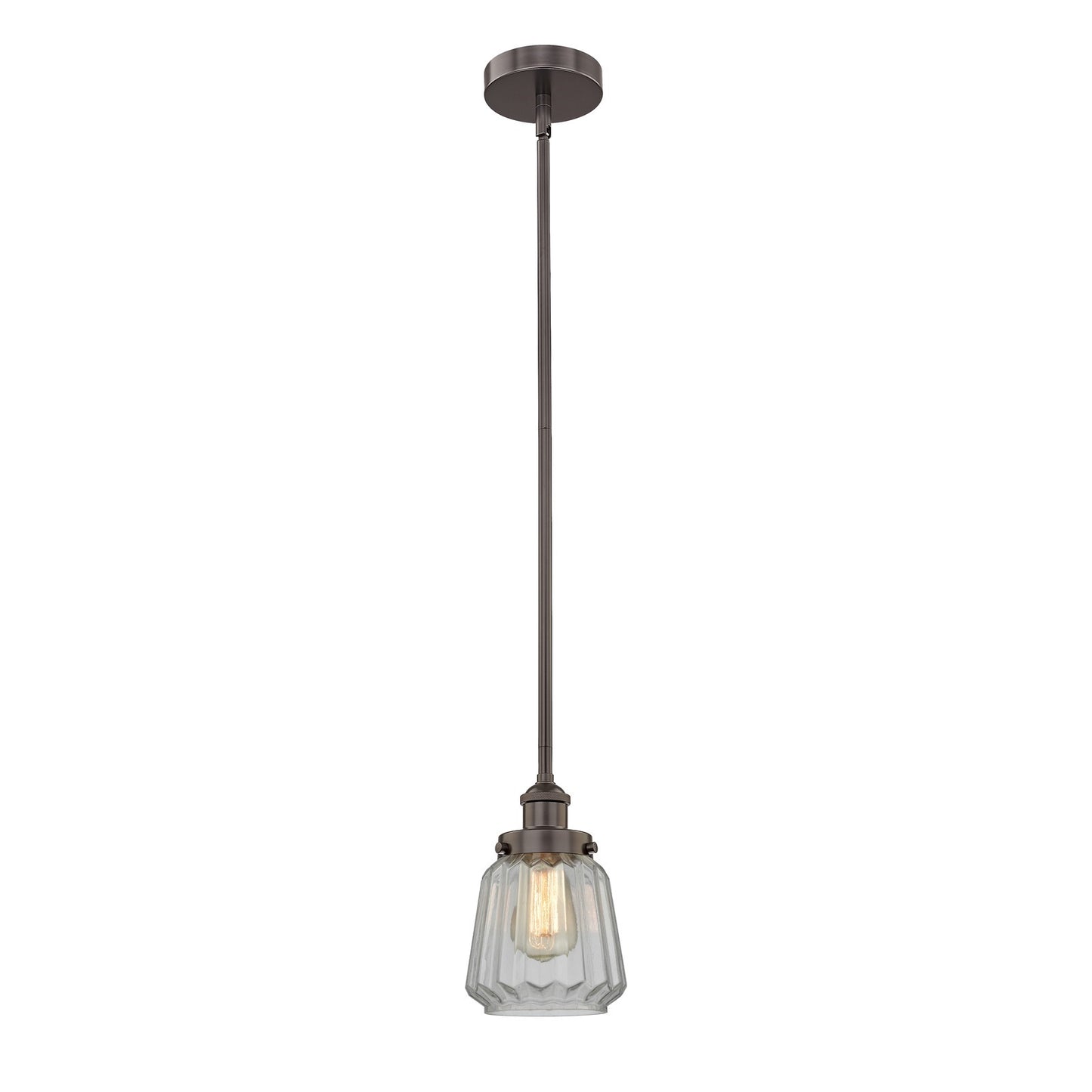 Innovations Chatham 7in 1-Light Mini Pendant | Art Deco Oil Rubbed Bronze Steel and Clear Ribbed Glass | Kitchen Island & | Model 616-1SH-OB-G142-LED