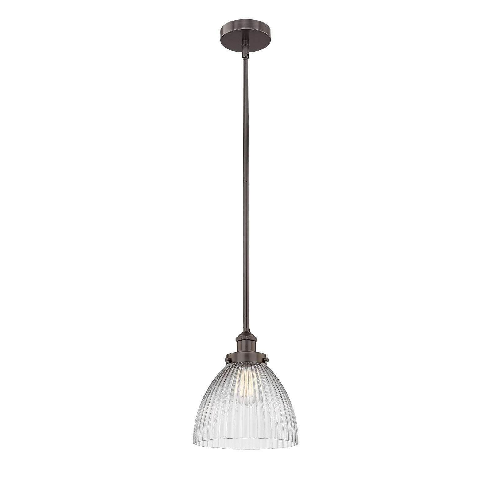 Innovations Seneca Falls 10in 1-Light Mini Pendant | Industrial Oil Rubbed Bronze Steel and Clear Halophane Glass | Kitchen Island | Model 616-1SH-OB-G222