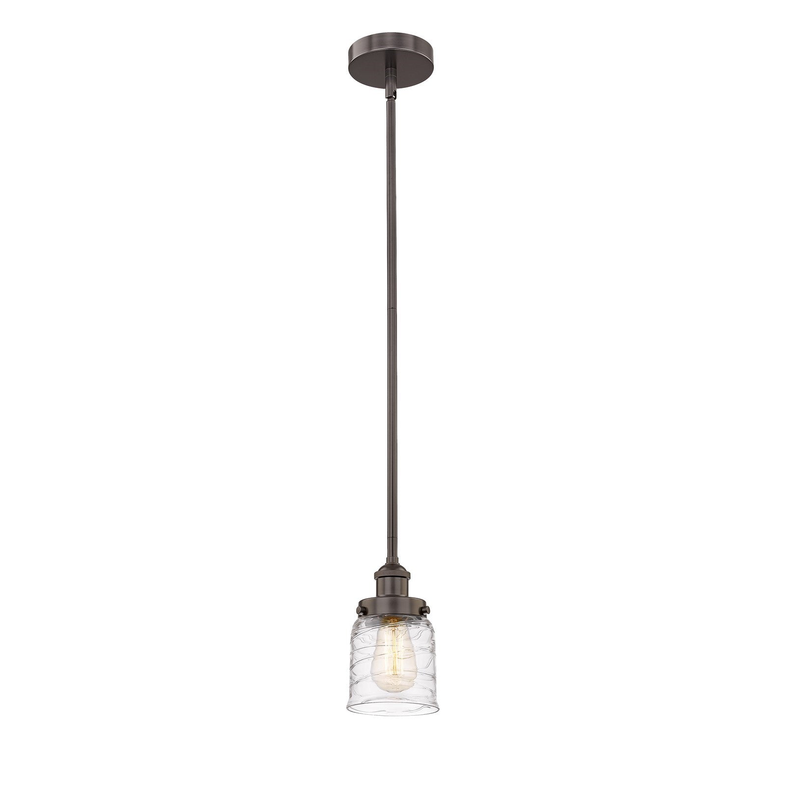 Innovations Bell 5in 1-Light Mini Pendant | Industrial Farmhouse Oil Rubbed Bronze Steel and Clear Deco Swirl Glass | Kitchen | Model 616-1SH-OB-G513