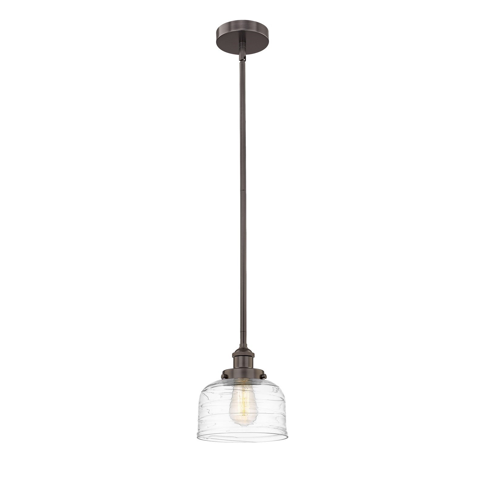 Innovations Bell 8in 1-Light Mini Pendant | Industrial Oil Rubbed Bronze Steel and Clear Deco Swirl Glass | Kitchen Island & | Model 616-1SH-OB-G713