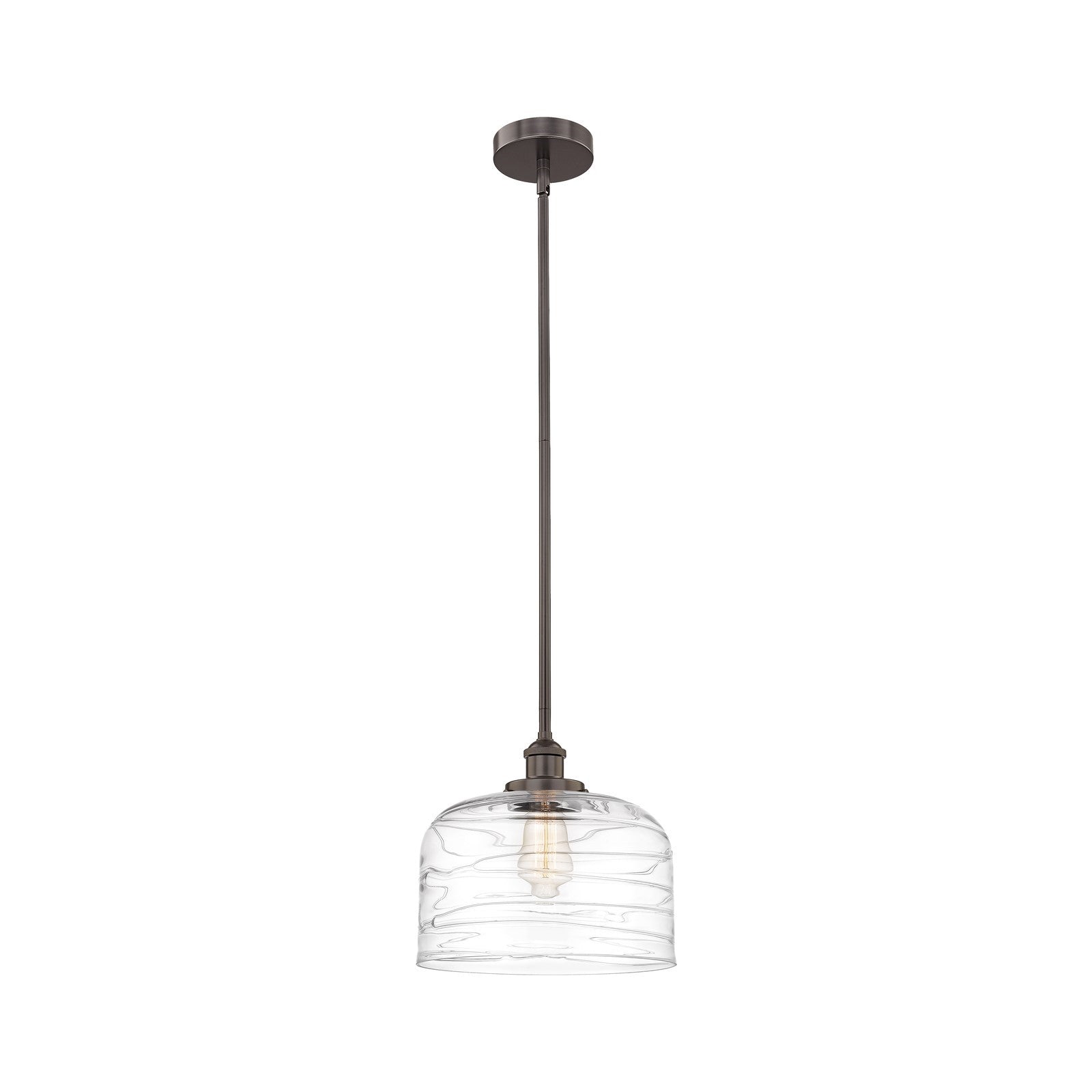 Innovations Bell 12in 1-Light Mini Pendant | Industrial Oil Rubbed Bronze Steel and Clear Deco Swirl Glass | Kitchen Island & | Model 616-1SH-OB-G713-L