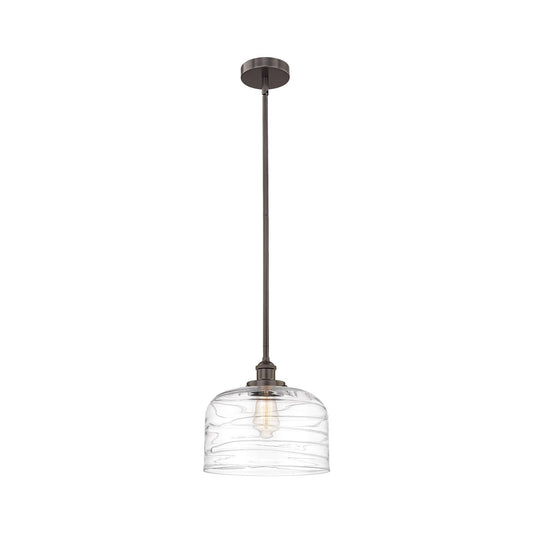 Innovations Bell 12in 1-Light Mini Pendant | Industrial Oil Rubbed Bronze Steel and Clear Deco Swirl Glass | Kitchen Island | Model 616-1SH-OB-G713-L-LED