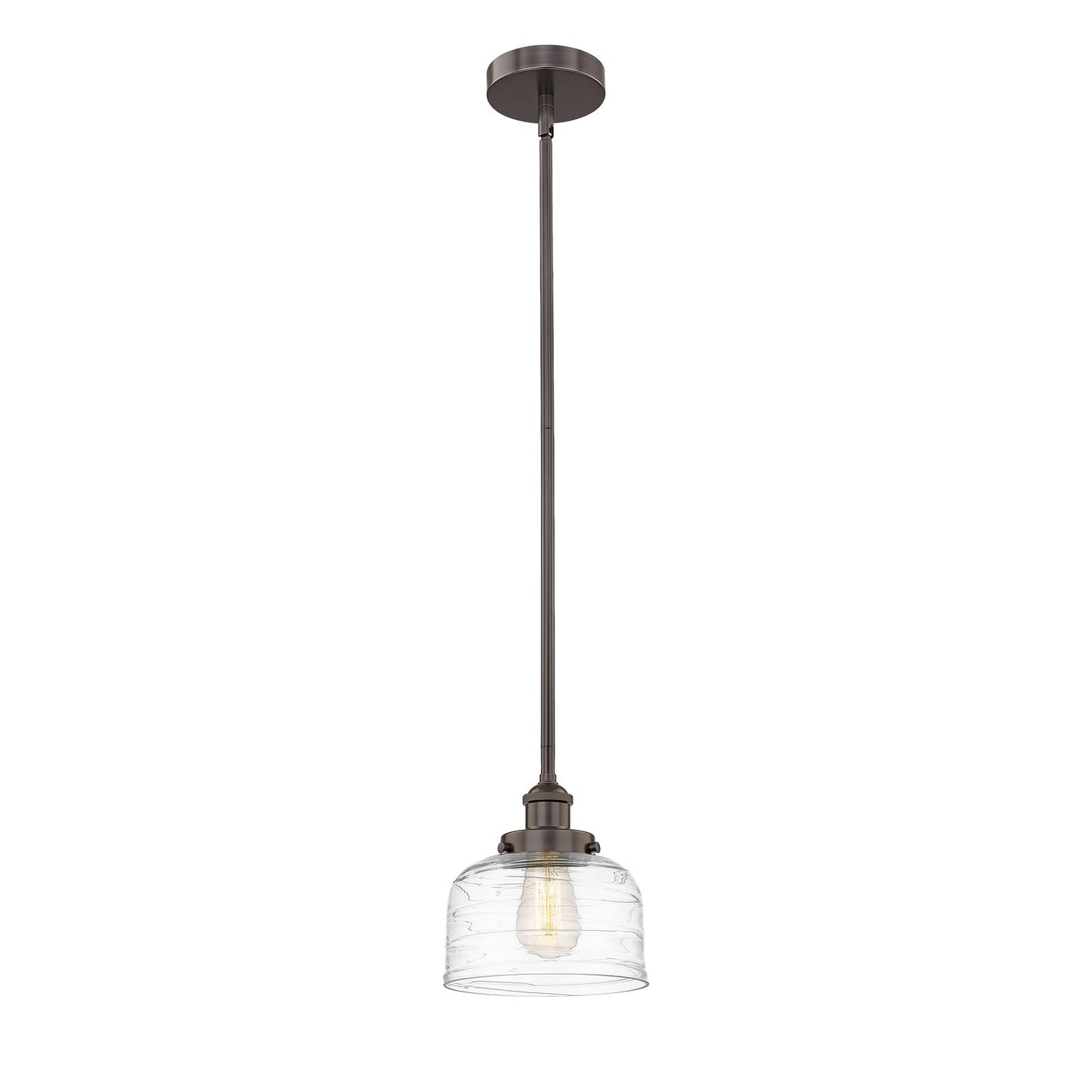 Innovations Bell 8in 1-Light Mini Pendant | Industrial Oil Rubbed Bronze Steel and Clear Deco Swirl Glass | Kitchen Island & | Model 616-1SH-OB-G713-LED