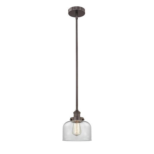 Innovations Bell 8in 1-Light Mini Pendant | Industrial Oil Rubbed Bronze Steel and Clear Glass | Kitchen Island & Dining Room | Model 616-1SH-OB-G72-LED
