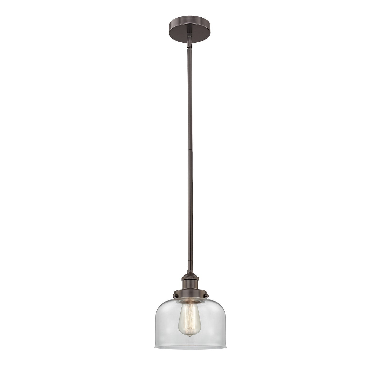 Innovations Bell 8in 1-Light Mini Pendant | Industrial Oil Rubbed Bronze Steel and Clear Glass | Kitchen Island & Dining Room | Model 616-1SH-OB-G72-LED