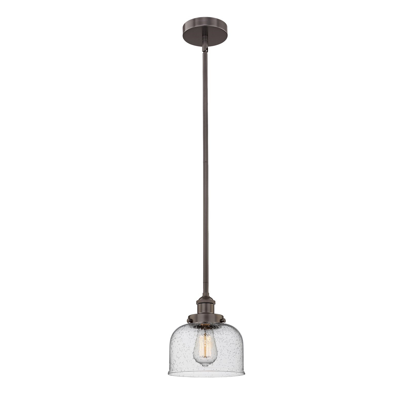 Innovations Bell 8in 1-Light Mini Pendant | Industrial Oil Rubbed Bronze Steel and Seedy Glass | Kitchen Island & Dining Room | Model 616-1SH-OB-G74
