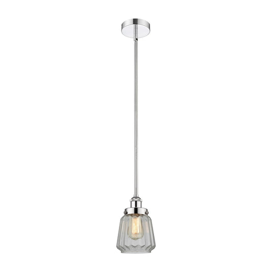 Innovations Chatham 7in 1-Light Mini Pendant | Art Deco Polished Chrome Steel and Clear Ribbed Glass | Kitchen Island & Dining | Model 616-1SH-PC-G142-LED