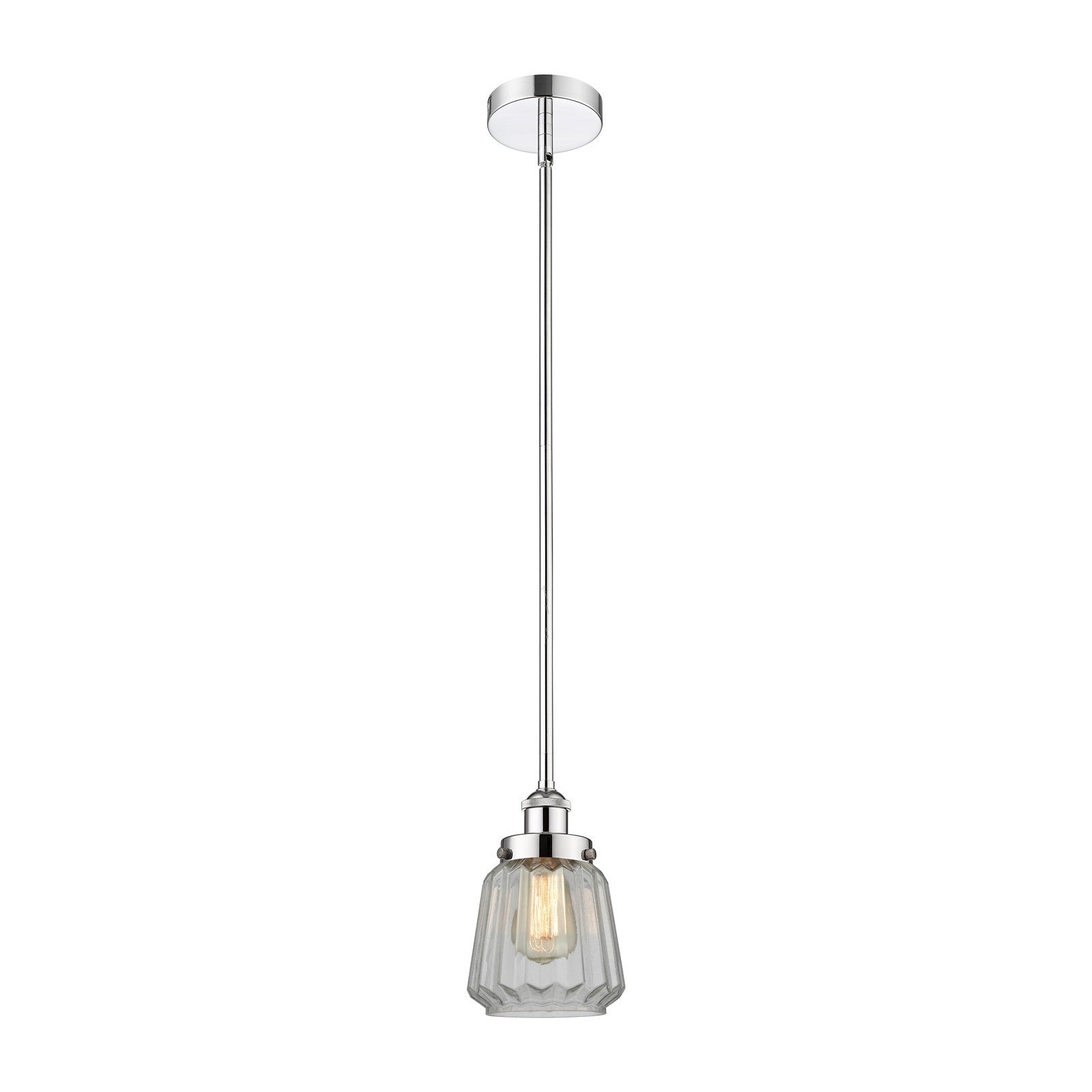 Innovations Chatham 7in 1-Light Mini Pendant | Art Deco Polished Chrome Steel and Clear Ribbed Glass | Kitchen Island & Dining | Model 616-1SH-PC-G142-LED