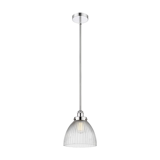 Innovations Seneca Falls 9.5in 1-Light Mini Pendant | Traditional Industrial Polished Chrome and Clear Halophane Ribbed Glass | Model 616-1SH-PC-G222
