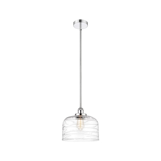 Innovations Bell 12in 1-Light Mini Pendant | Industrial Polished Chrome Steel and Clear Deco Swirl Glass | Kitchen Island & | Model 616-1SH-PC-G713-L