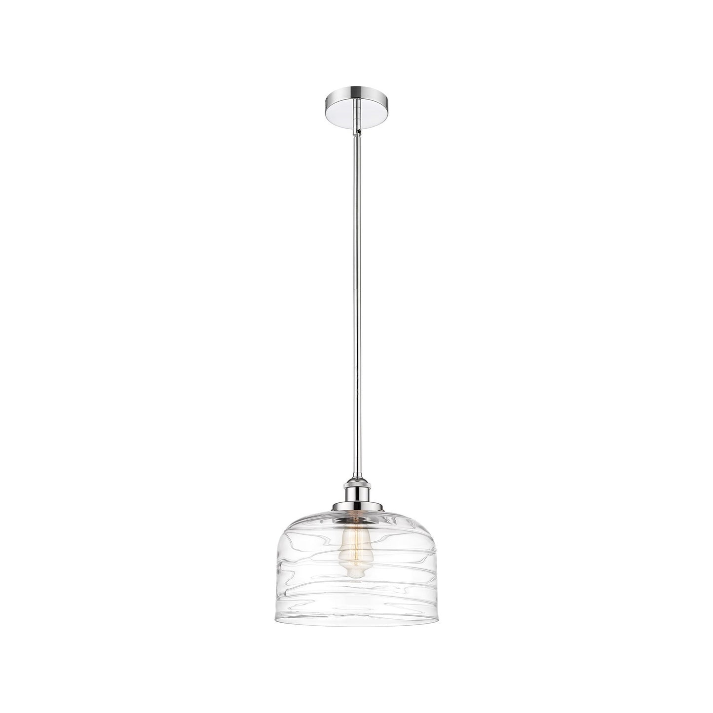 Innovations Bell 12in 1-Light Mini Pendant | Industrial Polished Chrome Steel and Clear Deco Swirl Glass | Kitchen Island & | Model 616-1SH-PC-G713-L-LED