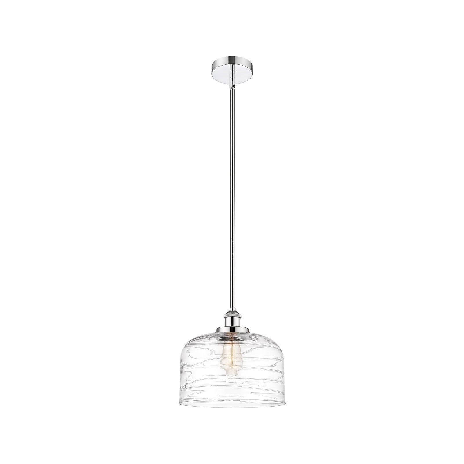 Innovations Bell 12in 1-Light Mini Pendant | Industrial Polished Chrome Steel and Clear Deco Swirl Glass | Kitchen Island & | Model 616-1SH-PC-G713-L-LED
