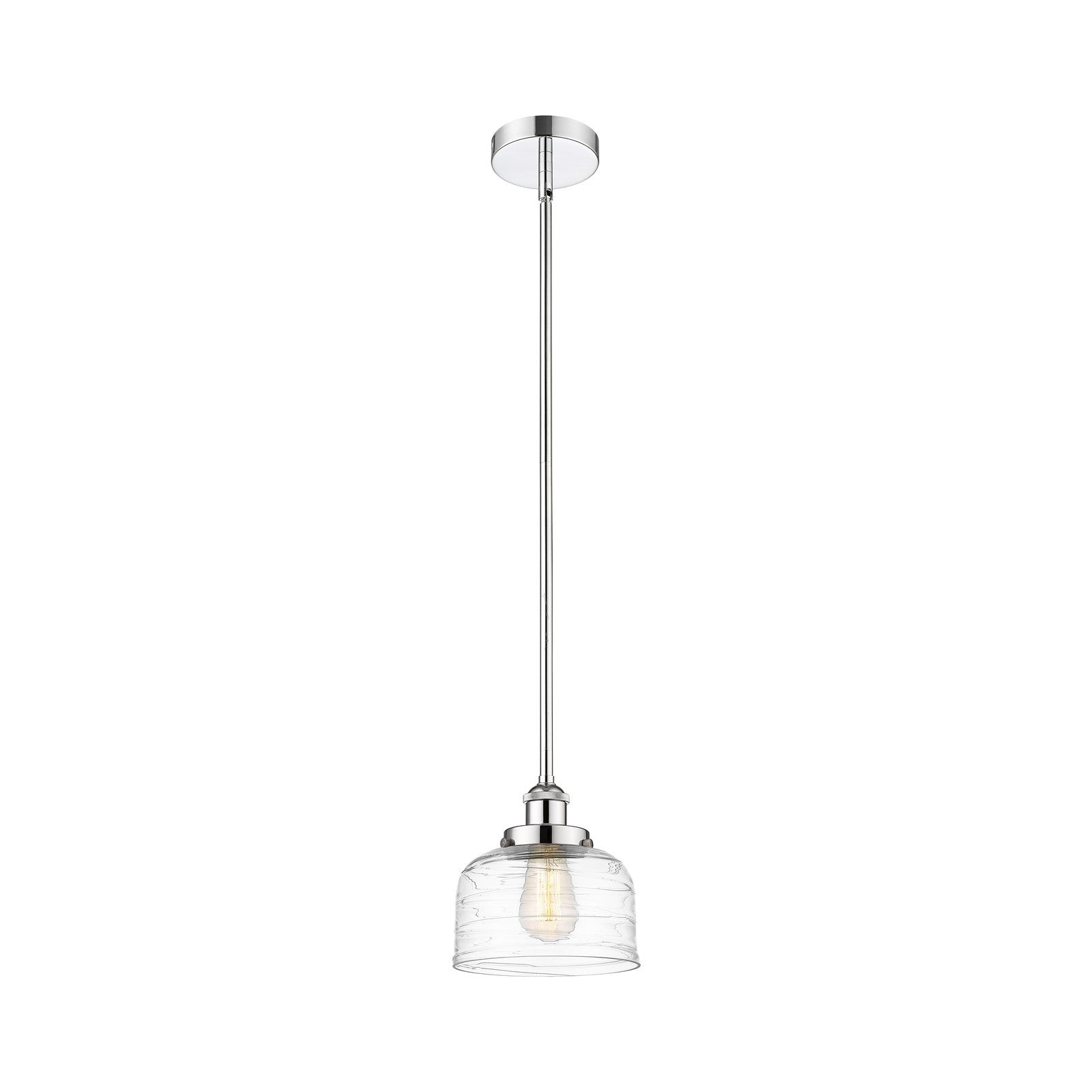 Innovations Bell 8in 1-Light Mini Pendant | Industrial Polished Chrome Steel and Clear Deco Swirl Glass | Kitchen Island & | Model 616-1SH-PC-G713-LED