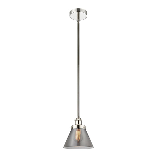 Innovations Cone 8in 1-Light Mini Pendant | Industrial Polished Nickel and Light Smoke Glass | Kitchen Island & Dining Room | Model 616-1SH-PN-G43-LED