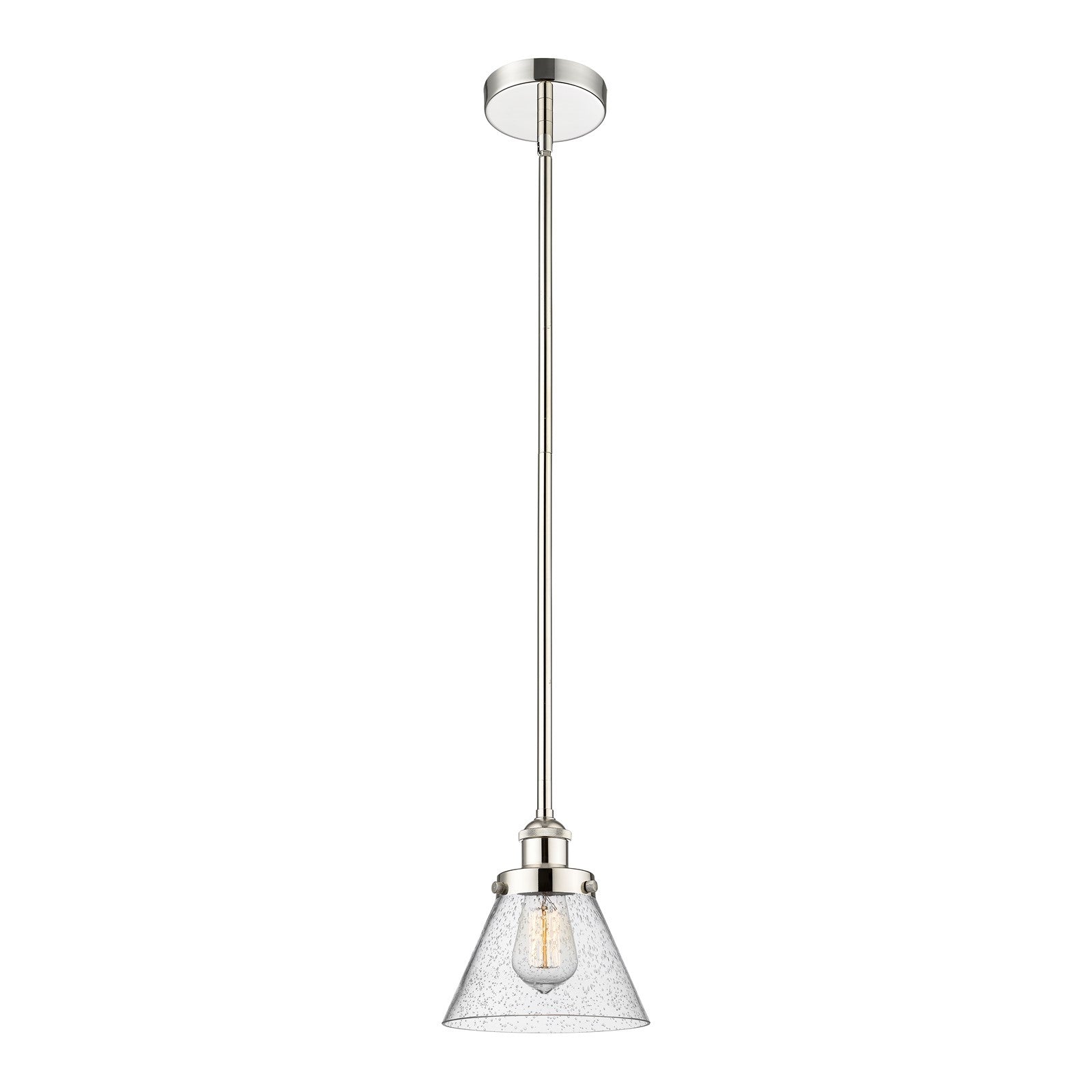Innovations Cone 1-Light 8in Mini Pendant | Industrial Farmhouse Polished Nickel Steel and Seedy Glass | Kitchen Island & | Model 616-1SH-PN-G44-LED