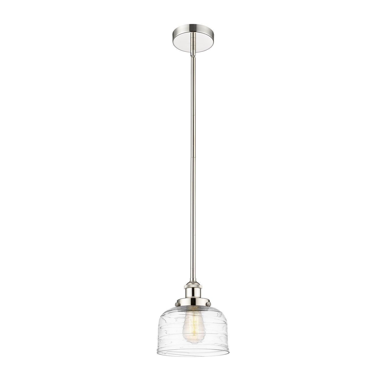 Innovations Bell 8in 1-Light Mini Pendant | Industrial Polished Nickel Steel and Clear Deco Swirl Glass | Kitchen Island & Dining | Model 616-1SH-PN-G713