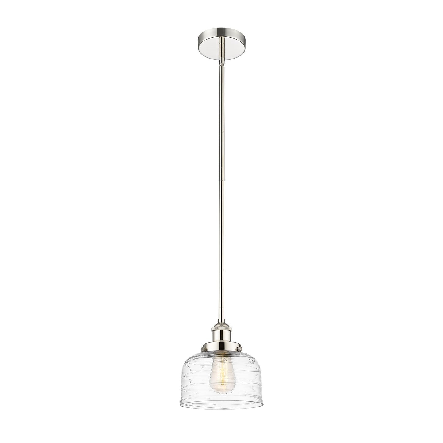 Innovations Bell 8in 1-Light Mini Pendant | Industrial Polished Nickel Steel and Clear Deco Swirl Glass | Kitchen Island & Dining | Model 616-1SH-PN-G713
