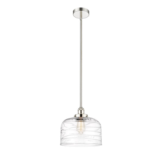 Innovations Bell 12in 1-Light Mini Pendant | Industrial Polished Nickel Steel and Clear Deco Swirl Glass | Kitchen Island & | Model 616-1SH-PN-G713-L