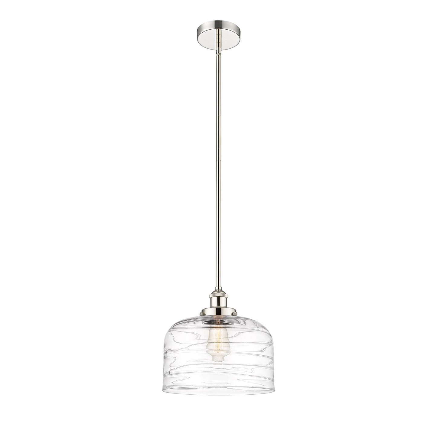 Innovations Bell 12in 1-Light Mini Pendant | Industrial Polished Nickel and Clear Deco Swirl Glass | Kitchen Island & Dining | Model 616-1SH-PN-G713-L-LED