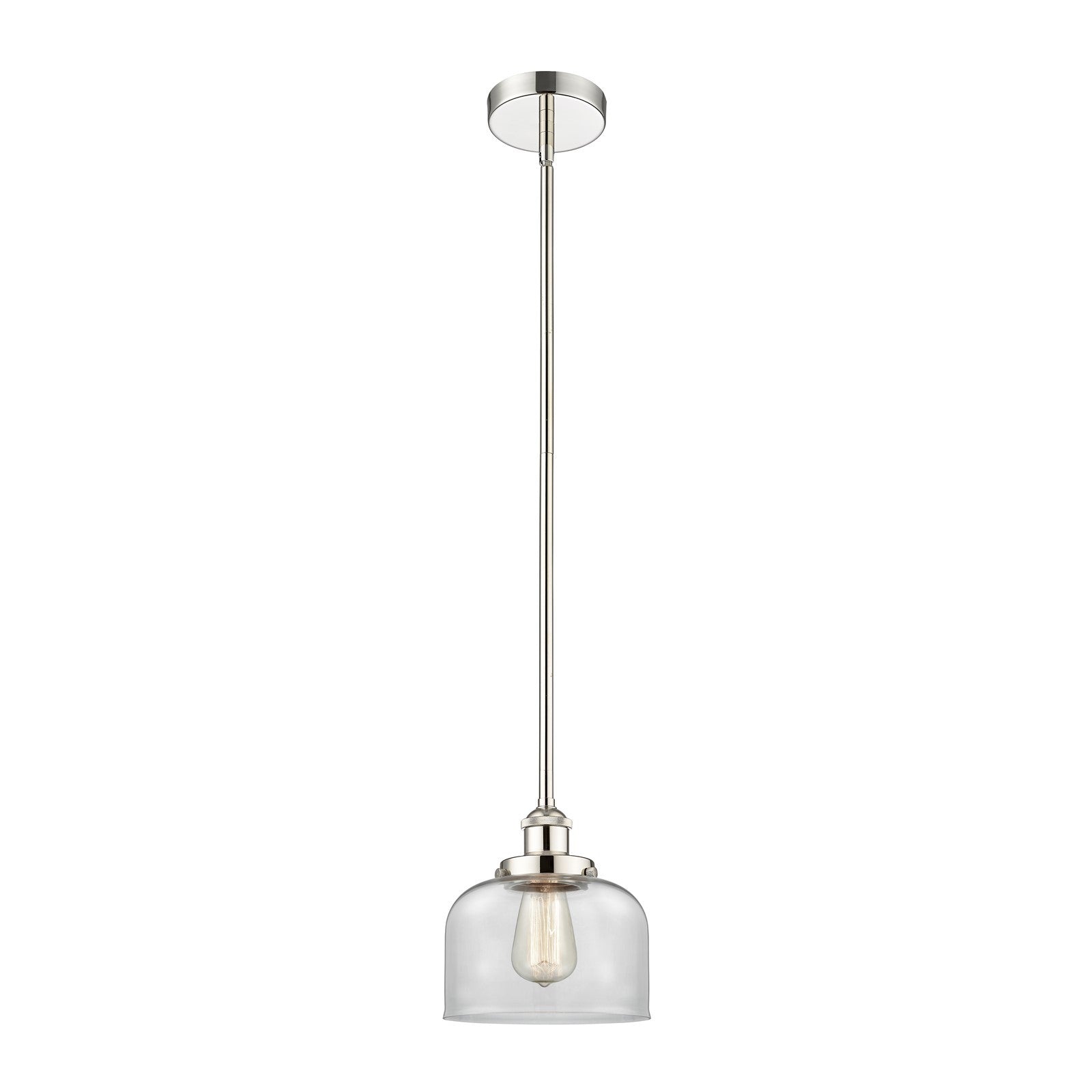 Innovations Bell 8in 1-Light Mini Pendant | Industrial Polished Nickel Steel and Clear Glass | Kitchen Island & Dining Room | Damp | Model 616-1SH-PN-G72