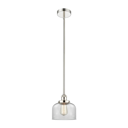 Innovations Bell 8in 1-Light Mini Pendant | Industrial Polished Nickel Steel and Clear Glass | Kitchen Island & Dining Room | Damp | Model 616-1SH-PN-G72