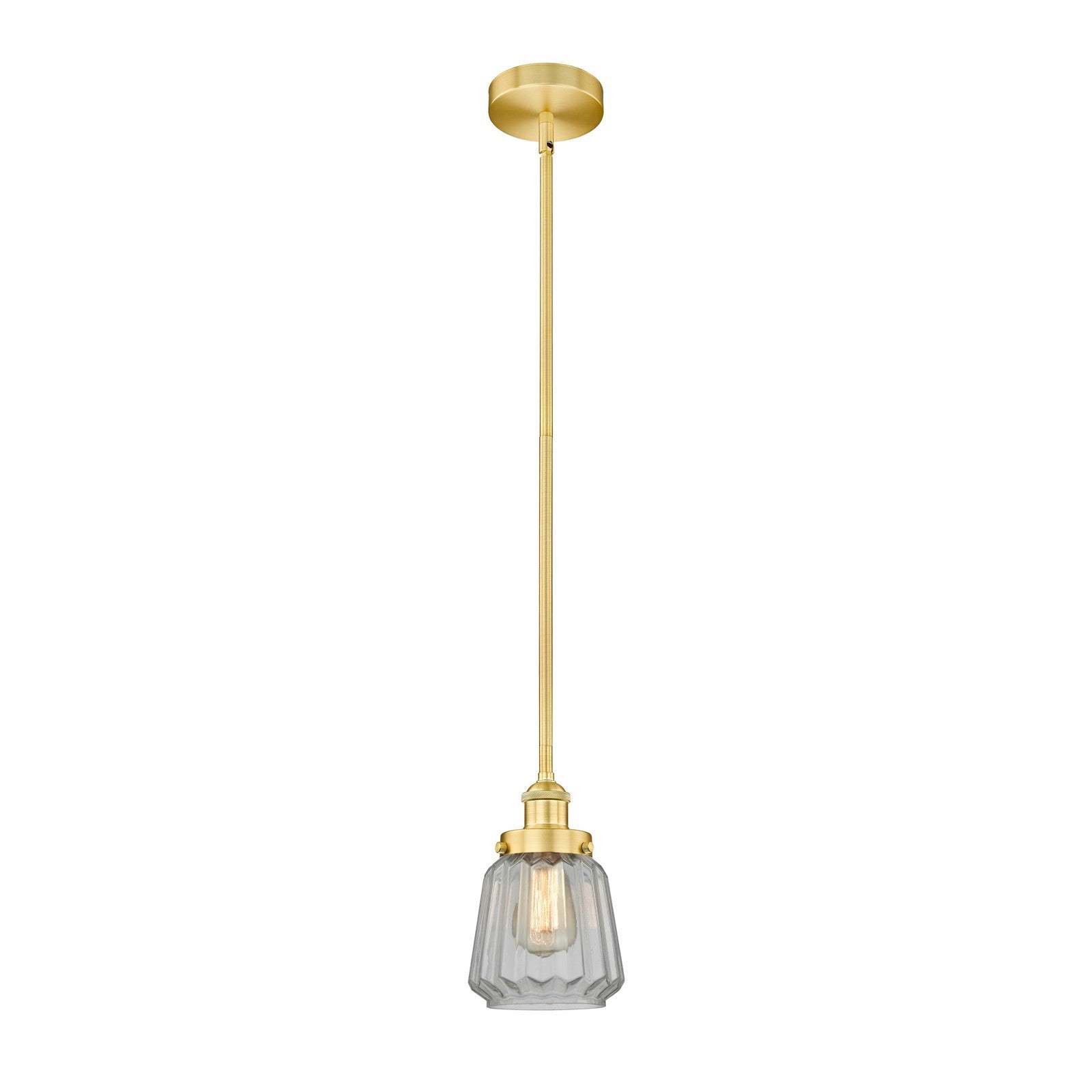 Innovations Chatham 7in 1-Light Mini Pendant | Art Deco Satin Gold Steel and Clear Ribbed Glass | Kitchen Island & Dining Room | Model 616-1SH-SG-G142-LED