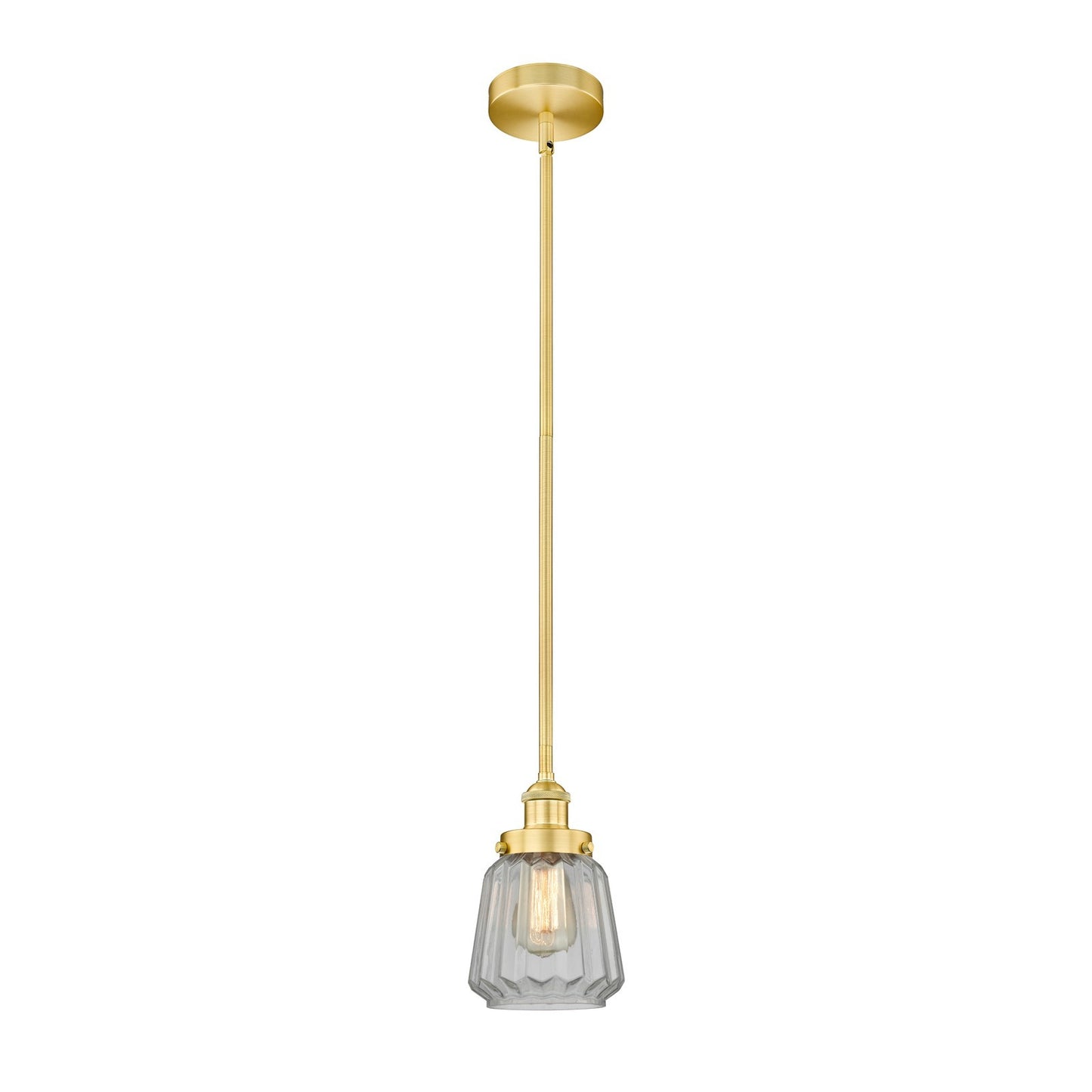 Innovations Chatham 7in 1-Light Mini Pendant | Art Deco Satin Gold Steel and Clear Ribbed Glass | Kitchen Island & Dining Room | Model 616-1SH-SG-G142-LED