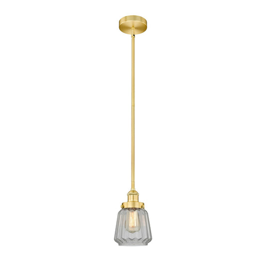 Innovations Chatham 7in 1-Light Mini Pendant | Art Deco Satin Gold Steel and Clear Ribbed Glass | Kitchen Island & Dining Room | Model 616-1SH-SG-G142-LED