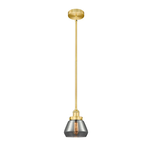 Innovations Fulton 7in 1-Light Mini Pendant | Industrial Farmhouse Satin Gold Steel and Light Smoke Glass | Kitchen Island & | Model 616-1SH-SG-G173-LED