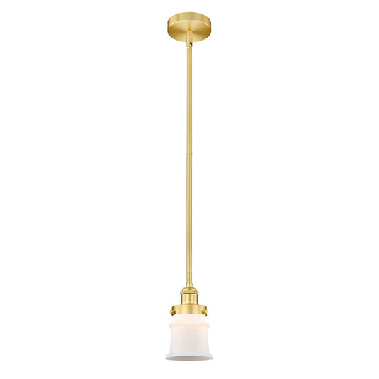 Innovations Canton 5.25in 1-Light Mini Pendant | Industrial Farmhouse Satin Gold Steel and Matte White Frosted Glass | Model 616-1SH-SG-G181S-LED