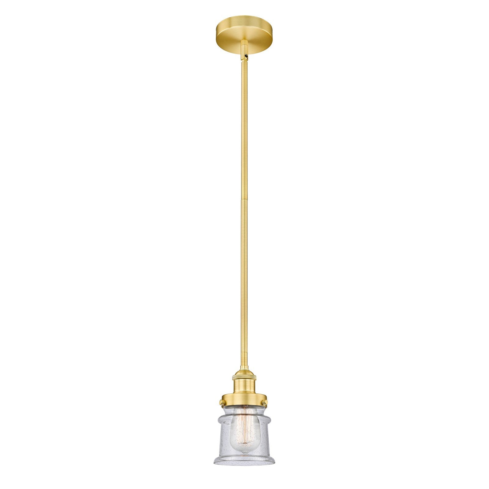 Innovations Canton 5.25in 1-Light Mini Pendant | Industrial Farmhouse Satin Gold Steel and Seedy Glass | Kitchen Island & | Model 616-1SH-SG-G184S-LED