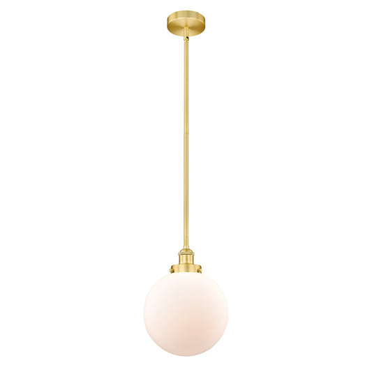 Innovations Beacon 10in 1-Light Mini Pendant | Industrial Satin Gold Steel and Matte White Frosted Glass | Kitchen Island & | Model 616-1SH-SG-G201-10