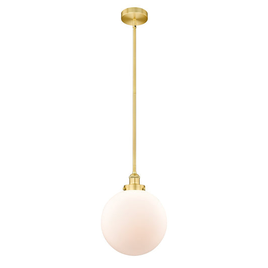 Innovations Beacon 12in 1-Light Mini Pendant | Industrial Satin Gold Steel and Matte White Frosted Glass | Kitchen Island & | Model 616-1SH-SG-G201-12