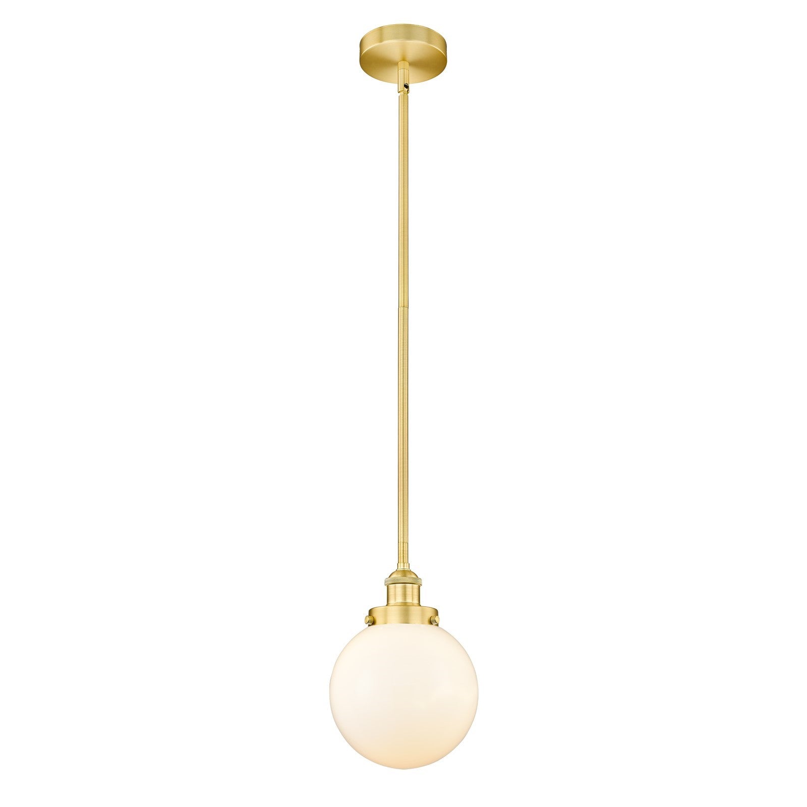 Innovations Beacon 8in 1-Light Mini Pendant | Industrial Satin Gold Steel and Matte White Frosted Glass | Kitchen Island & | Model 616-1SH-SG-G201-8-LED