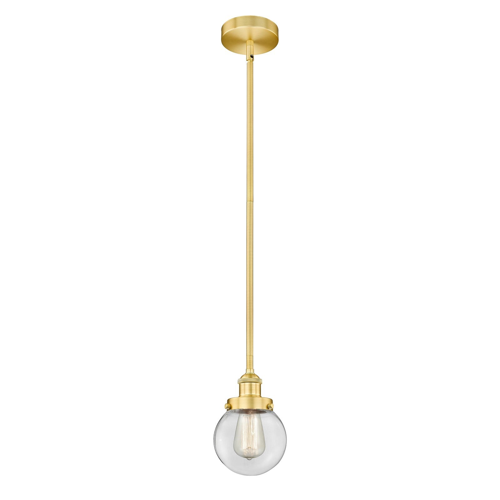 Innovations Beacon 6in 1-Light Mini Pendant | Industrial Satin Gold Steel and Clear Glass | Kitchen Island & Dining Room | Damp | Model 616-1SH-SG-G202-6