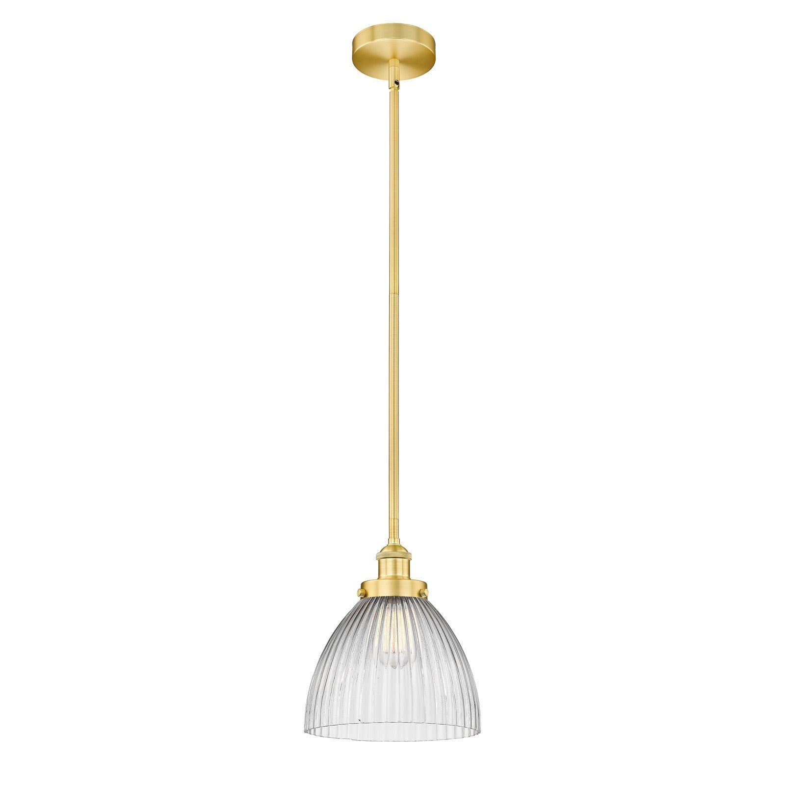 Innovations Seneca Falls 10in 1-Light Mini Pendant | Traditional Industrial Satin Gold Steel and Clear Halophane Glass | Model 616-1SH-SG-G222-LED