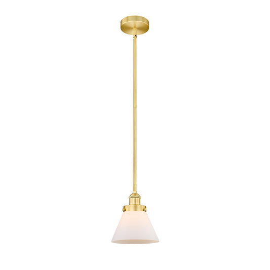 Innovations Cone 8in 1-Light Mini Pendant | Industrial Satin Gold Steel and Matte White Frosted Glass | Kitchen Island & Dining | Model 616-1SH-SG-G41