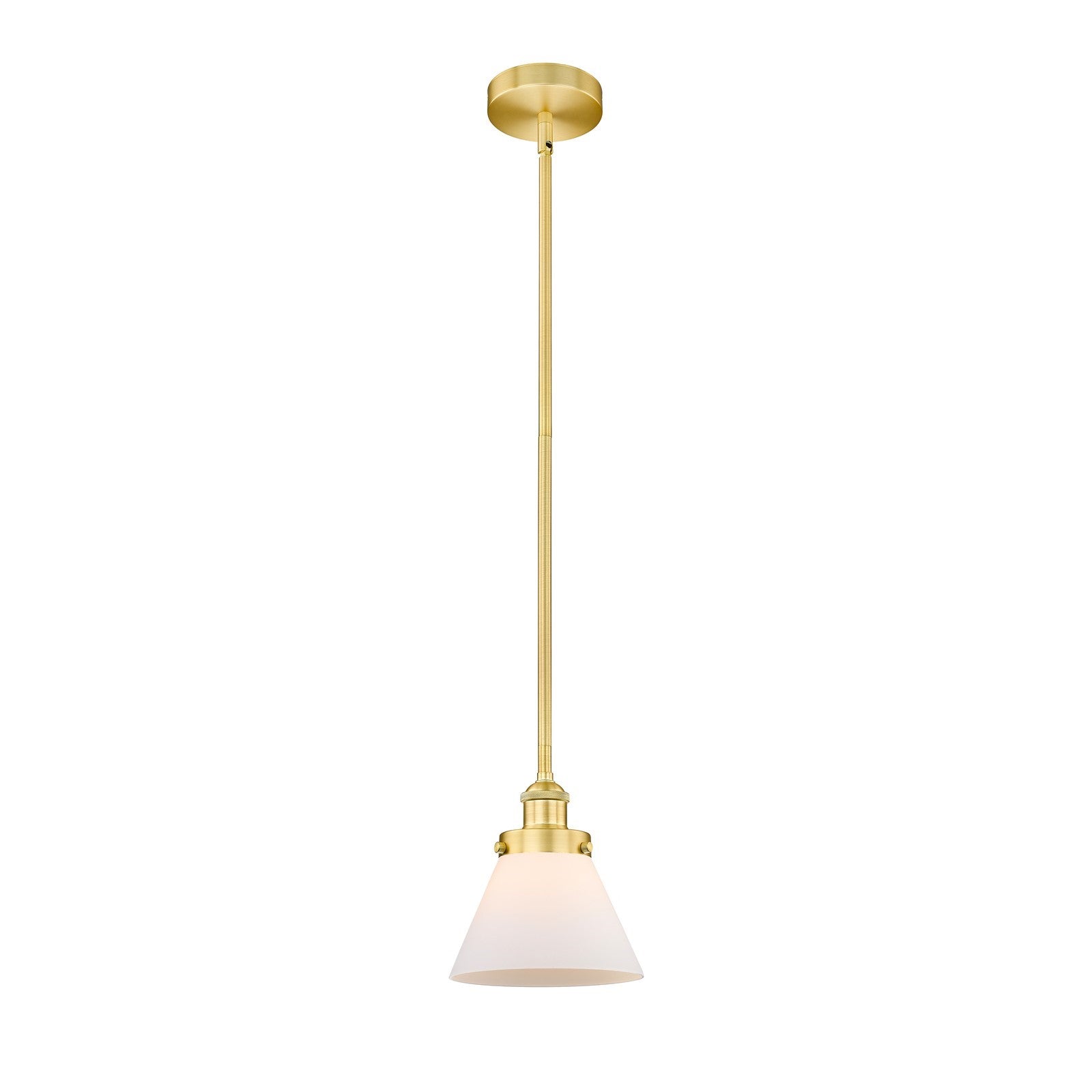 Innovations Cone 8in 1-Light Mini Pendant | Industrial Satin Gold Steel and Matte White Frosted Glass | Kitchen Island & Dining | Model 616-1SH-SG-G41-LED