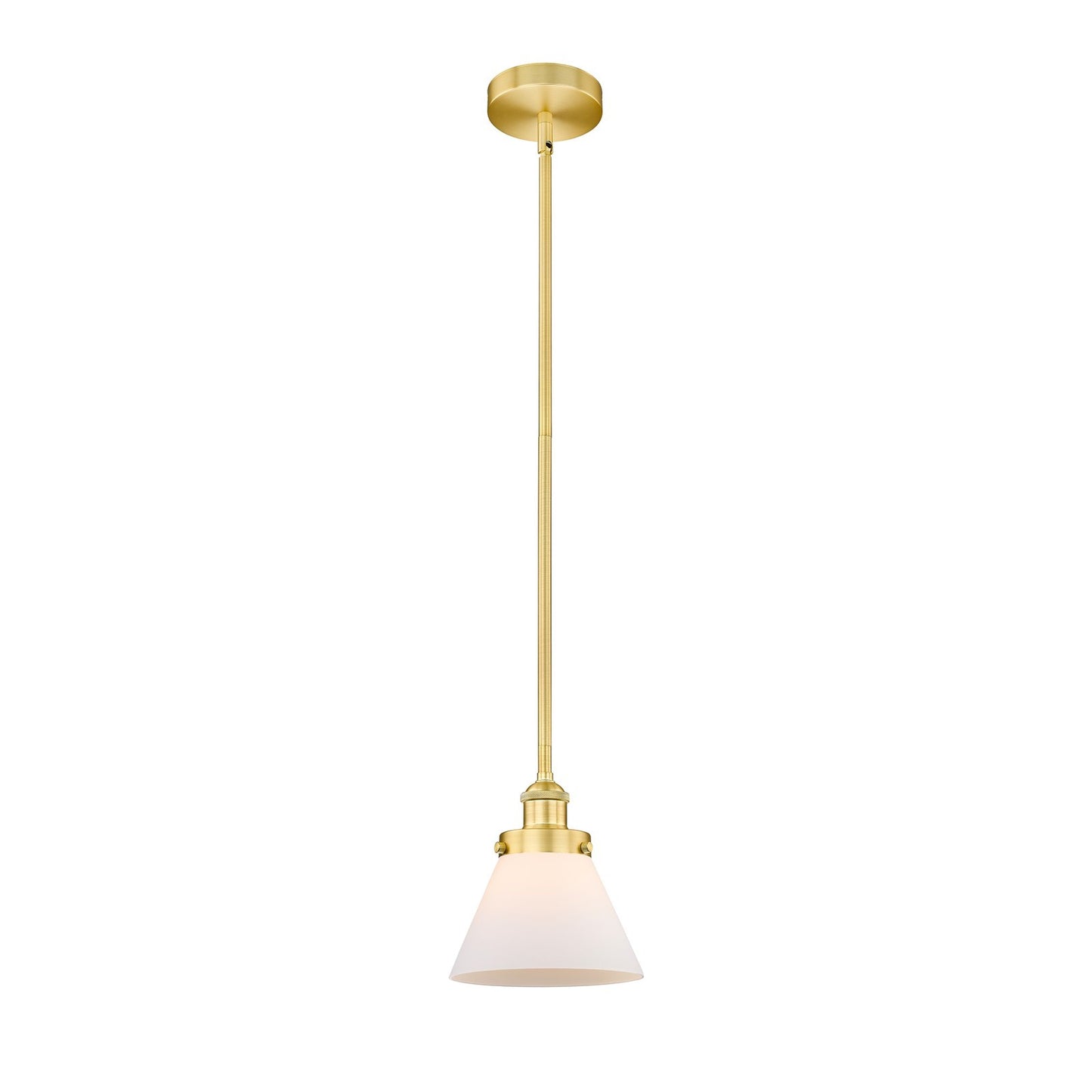 Innovations Cone 8in 1-Light Mini Pendant | Industrial Satin Gold Steel and Matte White Frosted Glass | Kitchen Island & Dining | Model 616-1SH-SG-G41-LED