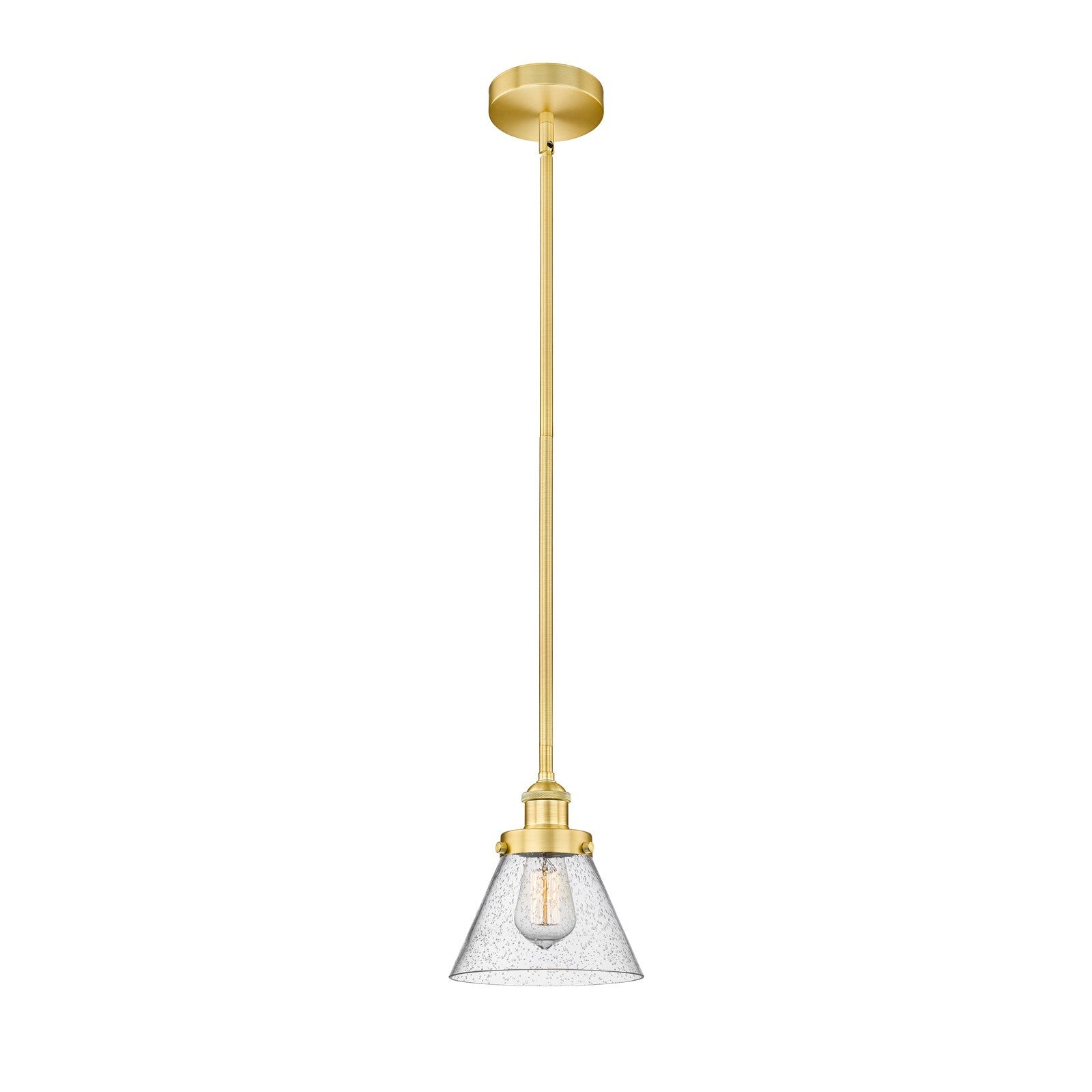 Innovations Cone 8in 1-Light Mini Pendant | Industrial Farmhouse Satin Gold Steel and Seedy Glass | Kitchen Island & Dining | Model 616-1SH-SG-G44-LED